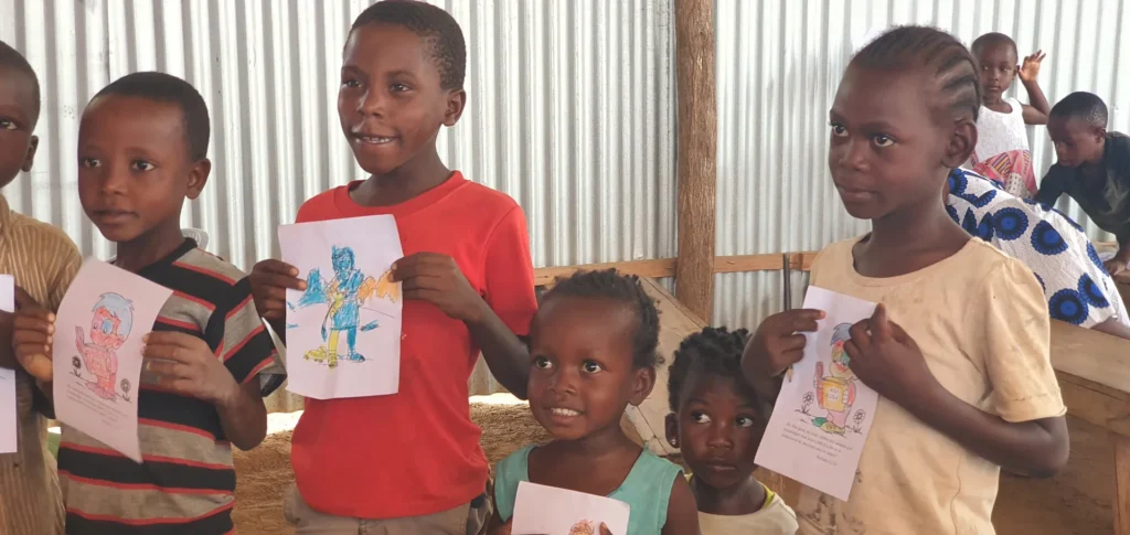 Children display creative projects during a Christian kids camp