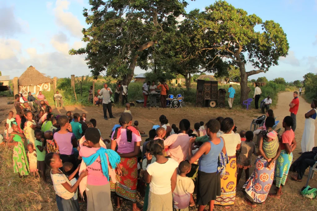 An evening evangelistic crusade under the open sky in a Kenyan village
