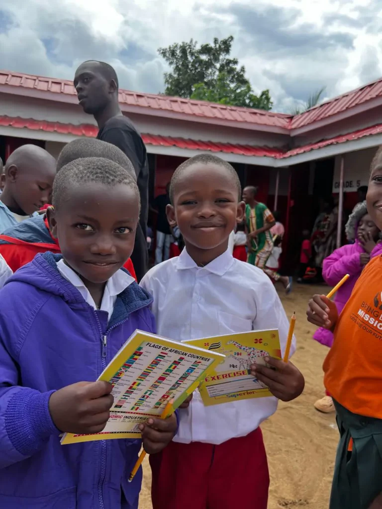 School supply kits including a notebook, pencils, and an eraser prepared for students in Furunzi