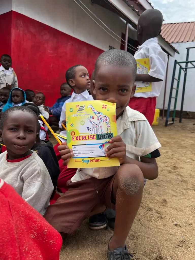 School supply kits including a notebook, pencils, and an eraser prepared for students in Furunzi